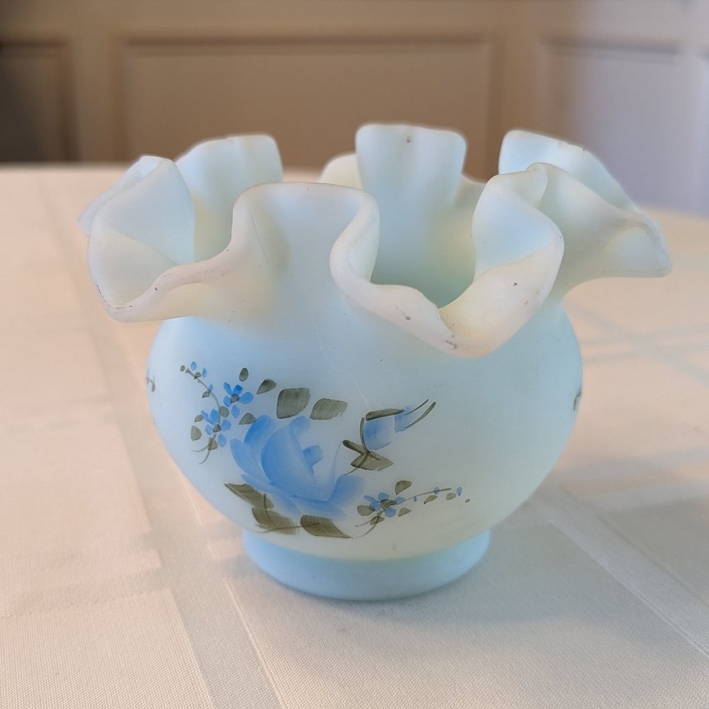 Fenton Ruffled Satin Glass Vase with Blue Flowers